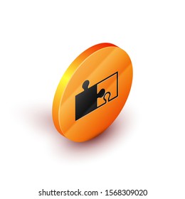 Isometric Piece of puzzle icon isolated on white background. Modern flat, business, marketing, finance, internet concept. Orange circle button. Vector Illustration