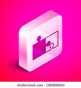 Isometric Piece of puzzle icon isolated on pink background. Modern flat, business, marketing, finance, internet concept. Silver square button. Vector Illustration