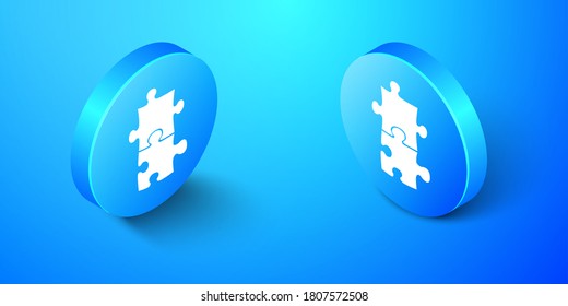 Isometric Piece of puzzle icon isolated on blue background. Business, marketing, finance, template, layout, infographics, internet concept. Blue circle button. Vector.