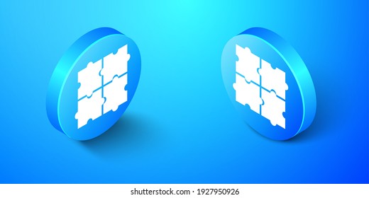 Isometric Piece of puzzle icon isolated on blue background. Business, marketing, finance, template, layout, infographics, internet concept. Blue circle button. Vector