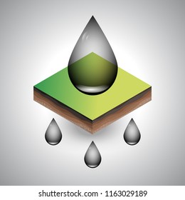 Isometric piece of the soil with shadow and petroleum drops