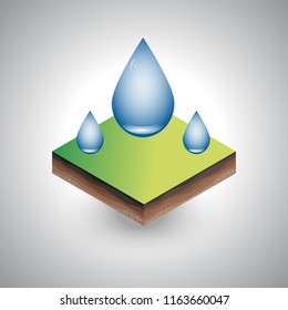 Isometric piece of the soil with shadow and water drops