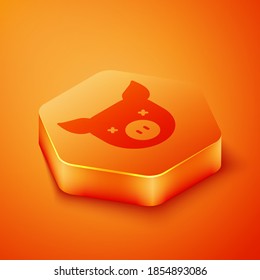Isometrisches Schweinsymbol einzeln auf orangefarbenem Hintergrund. Tiersymbol. Orangefarbene Hexagon-Taste. Vektorgrafik