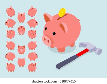 Isometric piggy bank. The objects are isolated against the light-blue background and shown from different sides