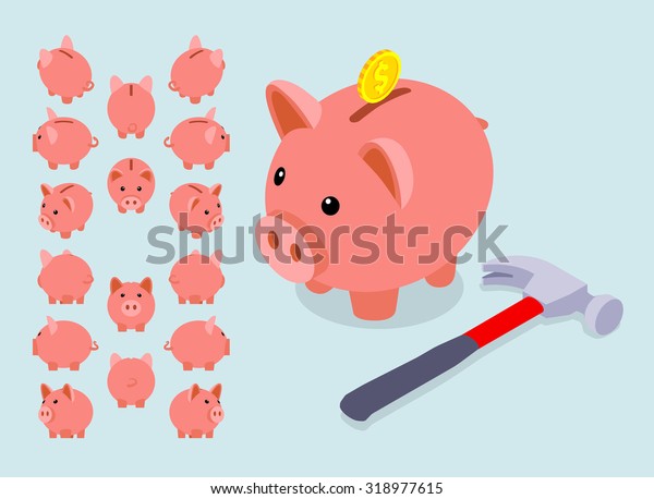 Isometric piggy\
bank. The objects are isolated against the light-blue background\
and shown from different\
sides