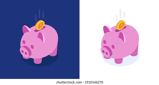 Isometric piggy bank on two different backgrounds. Concept of saving money in isometric 3D style. Vector illustration.