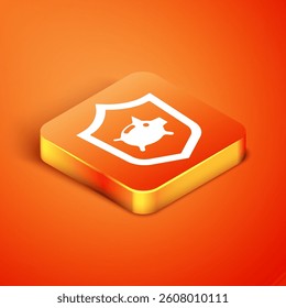 Isometric Piggy bank with shield icon isolated on orange background. Saving or accumulation of money, investment. Insurance concept.  Vector