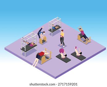 Isometric Pilates Class with Instructor and People Exercising on Reformer Machines 3d vector illustration