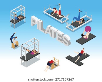 Estudio de Pilates Isométrico con Personas Ejercicio en Máquinas y Equipos Reformadores 3d Ilustración vectorial