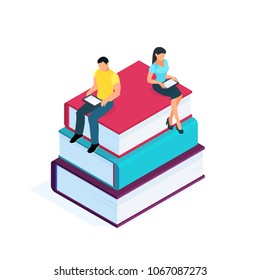 Isometric pile of books isolated on white background. 3d young couple sitting on a pile of books and using pc tablets for reading. Education concept. Vector illustration.