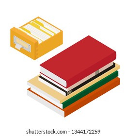Isometric pile of books and library book catalog. Reading, education, literature, encyclopedia.