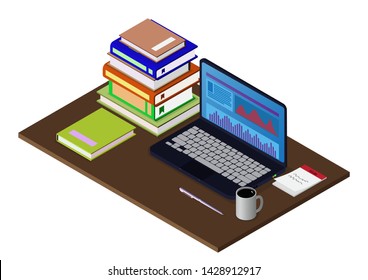 isometric pile of books on a table with laptop, coffee, and pen