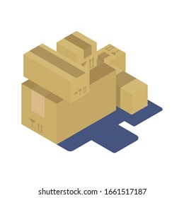 Isometric pile of cardboard boxes of different sizes with shadow. Vector illustration isolated on a white background.