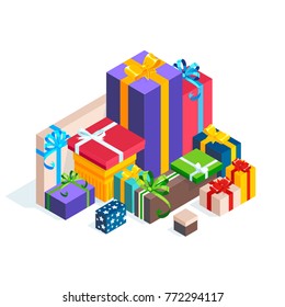 Isometric Pile Of Gift Boxes Isolated On White Background. Bright Icons Of Colorful Gifts. 3d Presents With Ribbons And Bows. Vector Illustration.