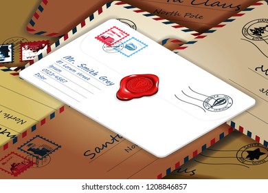 Isometric pile of mailing postal address letters mail post stamp template vector illustration
