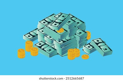 Isometric pile of money in a big stack on blue background, vector illustration