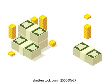 Isometric pile of money with separate elements to mix and match, isolated on white background.