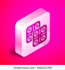 Isometric Pills in blister pack icon isolated on pink background. Medical drug package for tablet: vitamin, antibiotic, aspirin. Silver square button. Vector Illustration