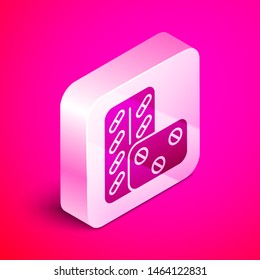 Isometric Pills in blister pack icon isolated on pink background. Medical drug package for tablet: vitamin, antibiotic, aspirin. Silver square button. Vector Illustration