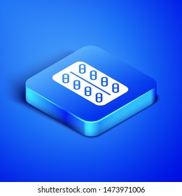 Isometric Pills in blister pack icon isolated on blue background. Medical drug package for tablet: vitamin, antibiotic, aspirin. Blue square button. Vector Illustration