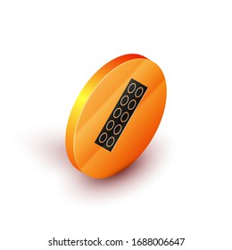 Isometric Pills in blister pack icon isolated on white background. Medical drug package for tablet, vitamin, antibiotic, aspirin. Orange circle button. Vector Illustration