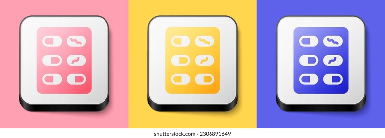 Isometric Pills in blister pack icon isolated on pink, yellow and blue background. Medical drug package for tablet, vitamin, antibiotic, aspirin. Square button. Vector