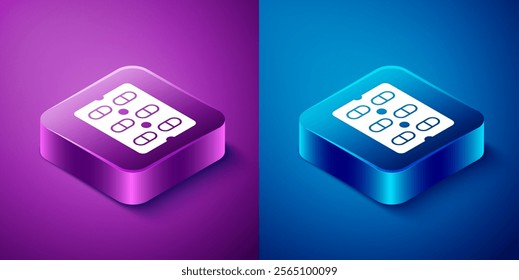 Isometric Pills in blister pack icon isolated on blue and purple background. Medical drug package for tablet, vitamin, antibiotic, aspirin. Square button. Vector Illustration