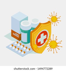 Isometric pills tablets and medicines in plastic bottle. Healthy eating concept. Protection against viruses and bacteria.