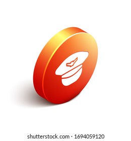 Isometric Pilot hat icon aislado en fondo blanco. Botón de círculo naranja. Ilustración vectorial