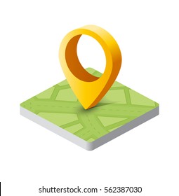 Isometric pin icon on the navigation map for positioning travel and transport