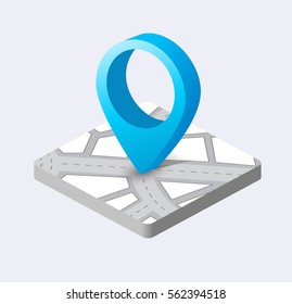 Isometric pin icon on the navigation map for positioning travel and transport