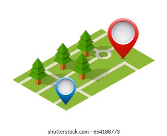 Isometric pin icon on the navigation map for positioning travel and transport