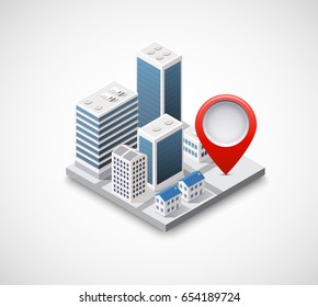 Isometric pin icon on the navigation map for positioning travel and transport