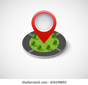 Isometric pin icon on the navigation map for positioning travel and transport