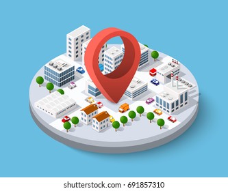 Isometric pin icon on the navigation map for positioning travel and transport