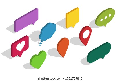 Isometric pin or speech bubbles for text in chat. 3d pointer icon for position in travel. Flat perspective message balloon for talk in social media. Romantic marker with heart of love. vector