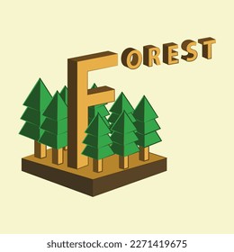 isometric pine forest illustration with big typography