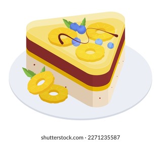 Isometric pineapple cake. Sweet pastry cheesecake dessert with pineapple and berries, delicious ananas jello cake 3d vector illustration