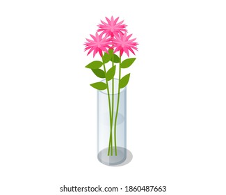 Isometric pink bouquet of flowers in transparent glass vase isolated on white background