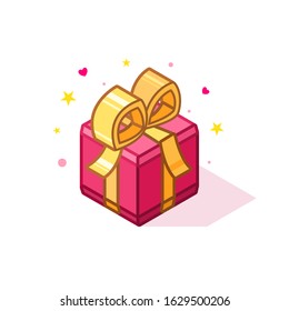 Isometric pink color gift box decorated gold color bow. Vector illustration in anime style