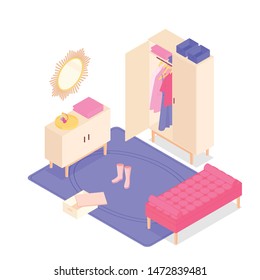 Isometric pink dressing room on white. Vector illustration in flat design.