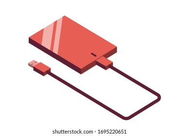 Isometric pink external hard drive with USB connector. Vector illustration. EPS 10.