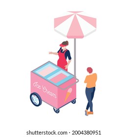 Isometric pink ice cream cart vendor and customer 3d vector illustration