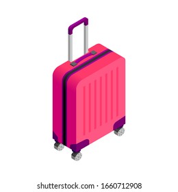 Isometrischer rosafarbener Plastikkoffer mit Rädern einzeln auf weißem Hintergrund. 3D Reisegepäck. Vektorillustration-Illustration für App, Design, Werbung, Web