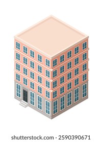 Isometric pink-beige apartment building with blue windows. Five-story urban residence with ground-floor entrance. City dwelling with uniform window pattern. Modern multi-family housing structure.