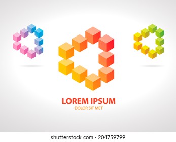 Isometric Pink-Blue, Yellow-Red and Yellow-Green Corporate Logo Icon in the Form of Gradient Arrow