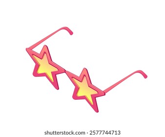 Isometric pink-framed sunglasses with yellow star-shaped lenses and decorative details. Vector illustration isolated on white background
