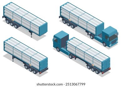 Isometric Pipe locomotive. Truck tractor with flatbed trailer hauling pipe. Vector infographic element