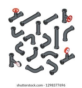 Isometric Pipes. Water Tubes, Pipeline With Valve. Oil, Gas Industry Tube Construction. Plastic Plumbing System 3d Vector Isolated Set