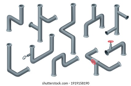 Isometric Pipes. Water Tubes, Pipeline With Valve. Oil, Gas Industry Tube Construction. Plastic Plumbing System 3d Vector Isolated Set. Pieces Of Pipes